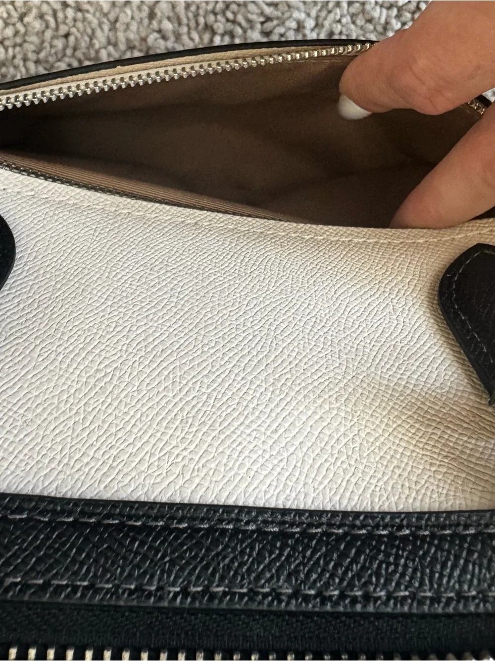 Coach White Pebbled Leather Satchel with Black Trim and Silver Hardware